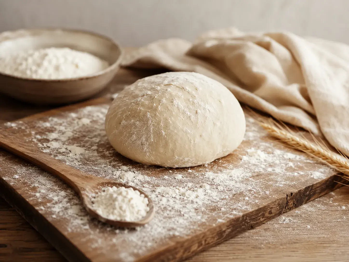 Fresh dough on a floured wooden board